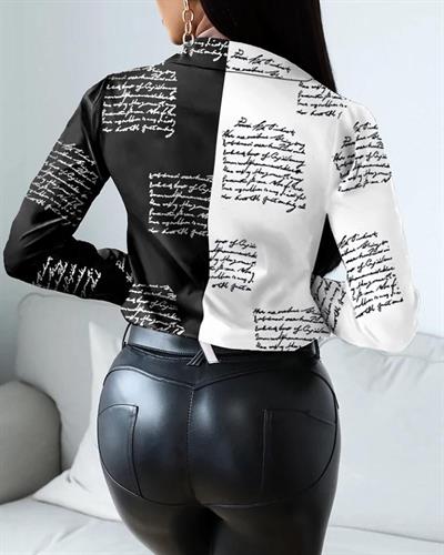 Kadın MossKrep Kumaş Mektup Desenli Gömlek