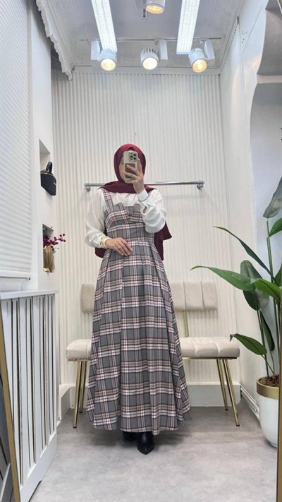 Kadın Omuz Askılı Full Ekose Detay Elbise