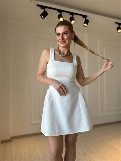 Kadın Omuz Askılı Kare Yaka Ithal Atlas Kumas Mini Elbise