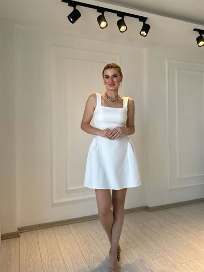 Kadın Omuz Askılı Kare Yaka Ithal Atlas Kumas Mini Elbise