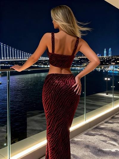 Kadın Omuz Askılı Zebra Desen Simli Kumaş Büstiyer Ve Derin Yırtmaç Dekolteli Etek Ikili Takım