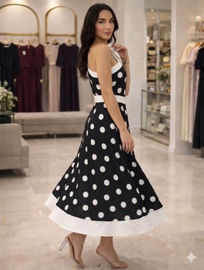 Kadın Omuz Dekolteli Fiyonk Ve Puantiye Detay Maxi Boy Elbise