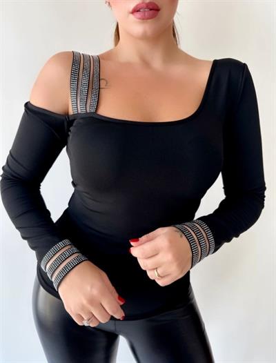 Kadın Omuz Dekolteli Taşlı şerit Detay Bluz