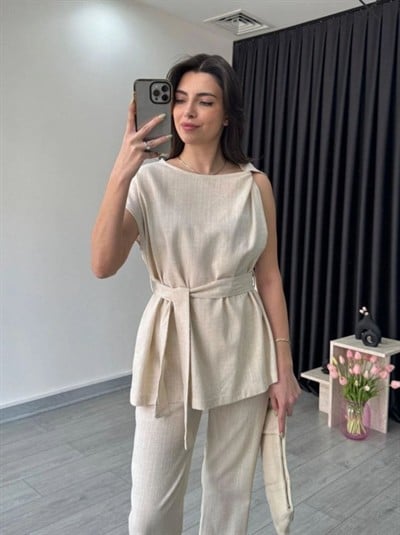 Kadın Omuz Detay Kuşak Dahil Bluz Ve Pantolon Keten Kumaş Ikili Takım