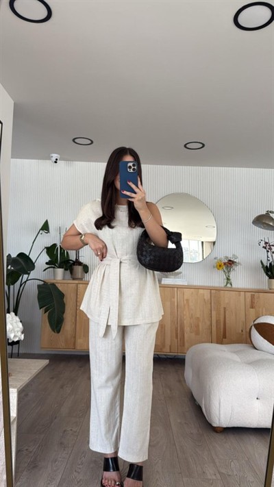 Kadın Omuz Detay Kuşak Dahil Bluz Ve Pantolon Keten Kumaş Ikili Takım