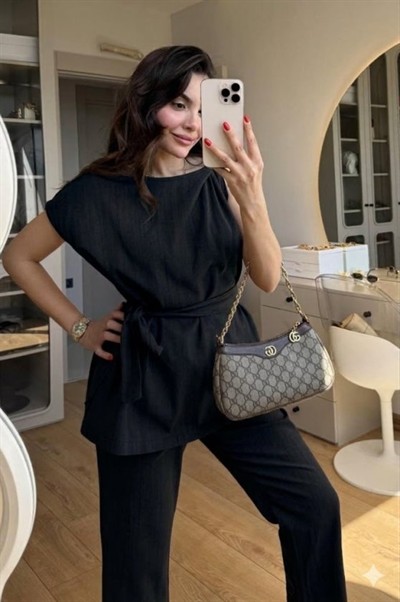 Kadın Omuz Detay Kuşak Dahil Bluz Ve Pantolon Keten Kumaş Ikili Takım