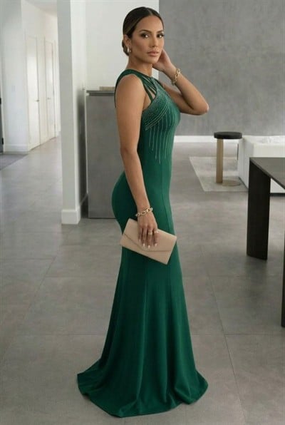 Kadın Omuz çoklu Askılı önü Taş Işlemeli Balık Kesim Janjan Krep Maxi Boy Elbise