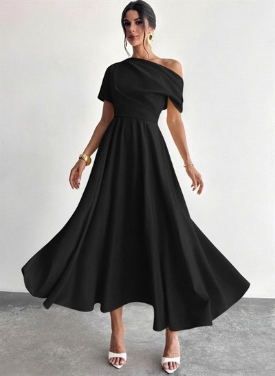 Kadın Omuzdan Açık Kısa Kollu Omuzdan Pileli Uzun Janjan Krep Elbise