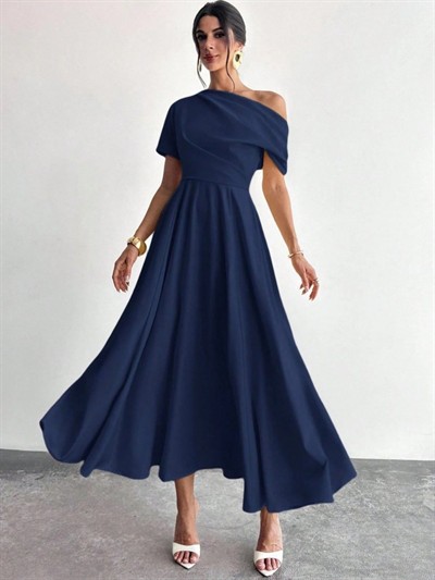 Kadın Omuzdan Açık Kısa Kollu Omuzdan Pileli Uzun Janjan Krep Elbise