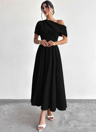 Kadın Omuzdan Açık Kısa Kollu Omuzdan Pileli Uzun Janjan Krep Elbise