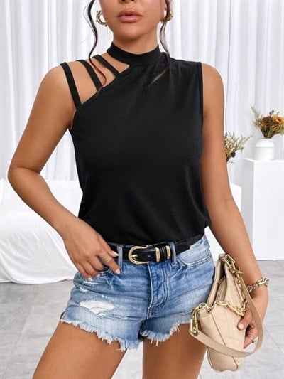 Kadın Omuzdan şerit Detaylı Yarı Balıkçı Yaka Viskon Bluz