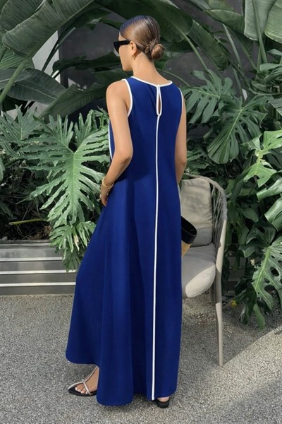 Kadın Omuzlardan Açık Yaka Ince şerit Detaylı Uzun Viskon Elbise