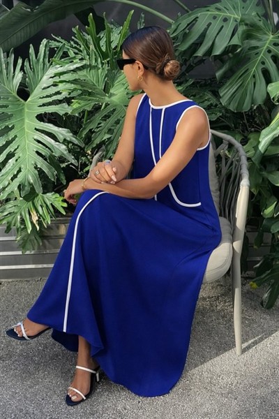 Kadın Omuzlardan Açık Yaka Ince şerit Detaylı Uzun Viskon Elbise