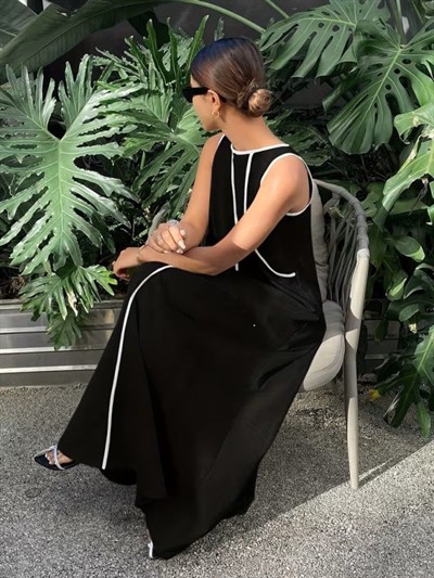 Kadın Omuzlardan Açık Yaka Ince şerit Detaylı Uzun Viskon Elbise