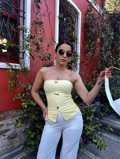 Kadın Ottoman Kumaş Düğme Detaylı Büstiyer Crop