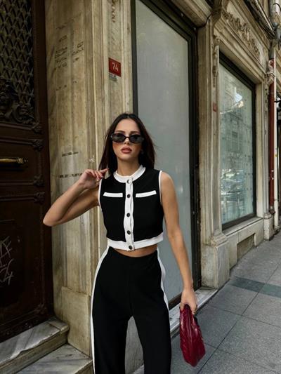 Kadın Ottoman Kumaş şeritli Sıfır Kol Yelek Ve Pantolon Ikili Takım