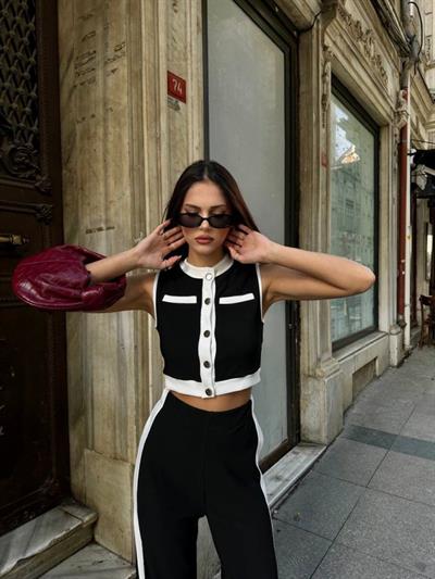 Kadın Ottoman Kumaş şeritli Sıfır Kol Yelek Ve Pantolon Ikili Takım