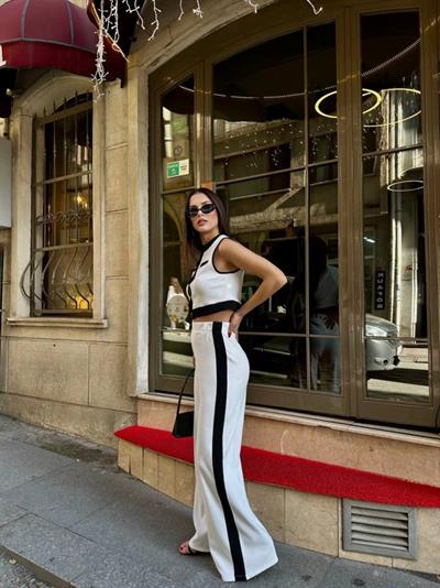 Kadın Ottoman Kumaş şeritli Sıfır Kol Yelek Ve Pantolon Ikili Takım