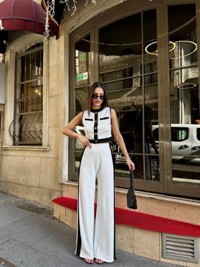 Kadın Ottoman Kumaş şeritli Sıfır Kol Yelek Ve Pantolon Ikili Takım