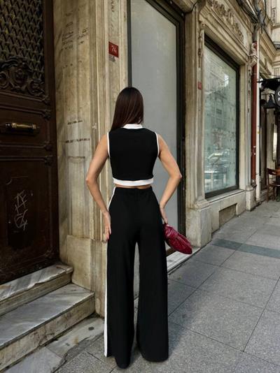 Kadın Ottoman Kumaş şeritli Sıfır Kol Yelek Ve Pantolon Ikili Takım