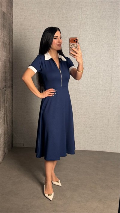 Kadın Polo Yaka Fermuar Detaylı Modal Midi Elbise
