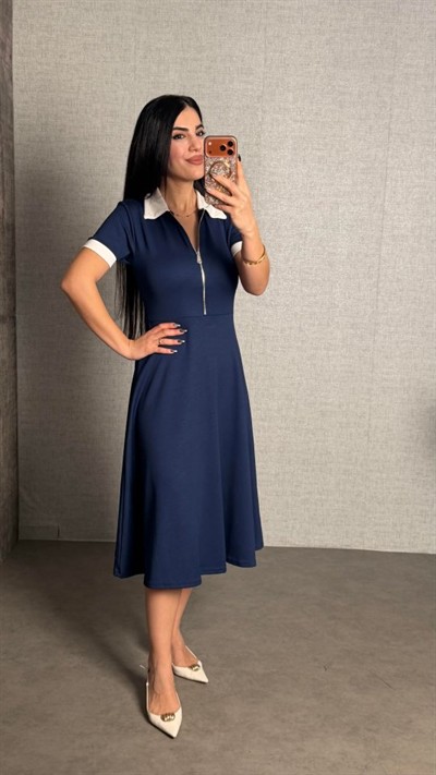 Kadın Polo Yaka Fermuar Detaylı Modal Midi Elbise