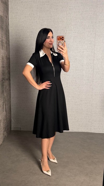 Kadın Polo Yaka Fermuar Detaylı Modal Midi Elbise