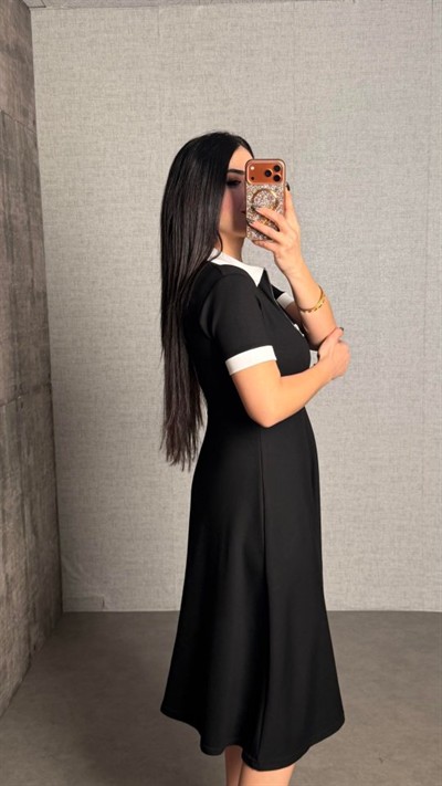 Kadın Polo Yaka Fermuar Detaylı Modal Midi Elbise