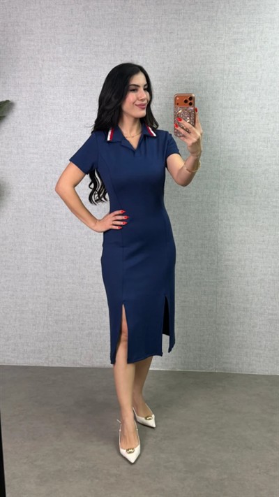 Kadın Polo Yaka çift Yırtmaç Detay Modal Kumaş Midi Boy Elbise