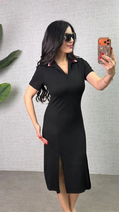 Kadın Polo Yaka çift Yırtmaç Detay Modal Kumaş Midi Boy Elbise