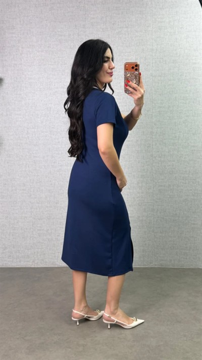 Kadın Polo Yaka çift Yırtmaç Detay Modal Kumaş Midi Boy Elbise