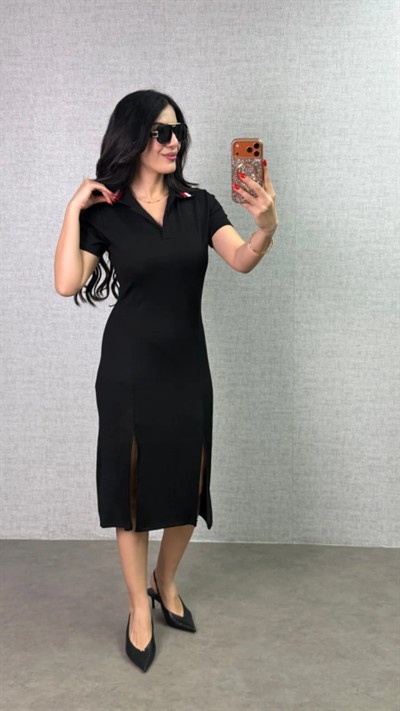 Kadın Polo Yaka çift Yırtmaç Detay Modal Kumaş Midi Boy Elbise