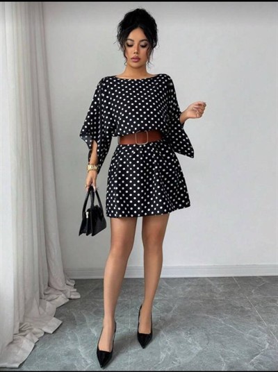 Kadın Puantiyeli örme Krep Mini Elbise (kemersiz)