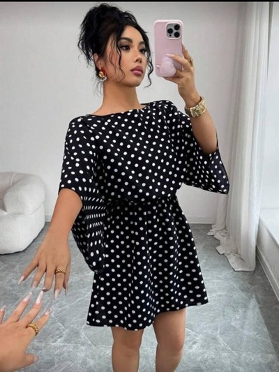 Kadın Puantiyeli örme Krep Mini Elbise (kemersiz)