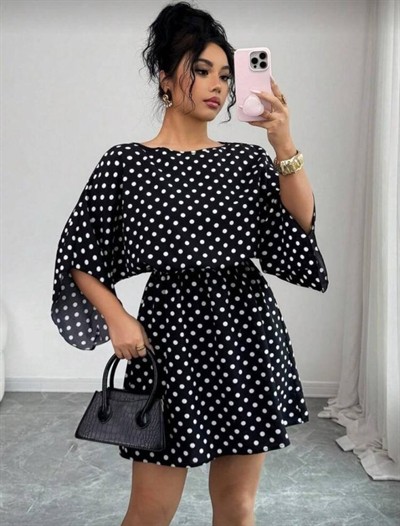 Kadın Puantiyeli örme Krep Mini Elbise (kemersiz)