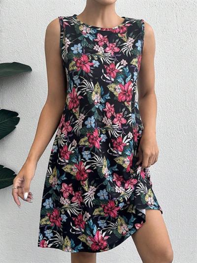 Kadın Renkli çiçek Baskılı Süprem Elbise