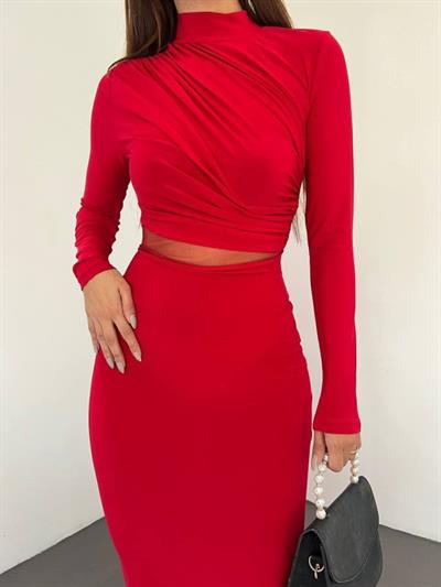 Kadın Sandy Kumaş Drabe Yaka Belinde Tül Detaylı Midi Boy Elbise