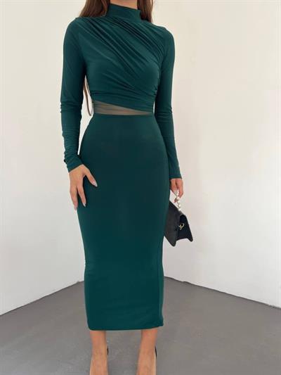 Kadın Sandy Kumaş Drabe Yaka Belinde Tül Detaylı Midi Boy Elbise