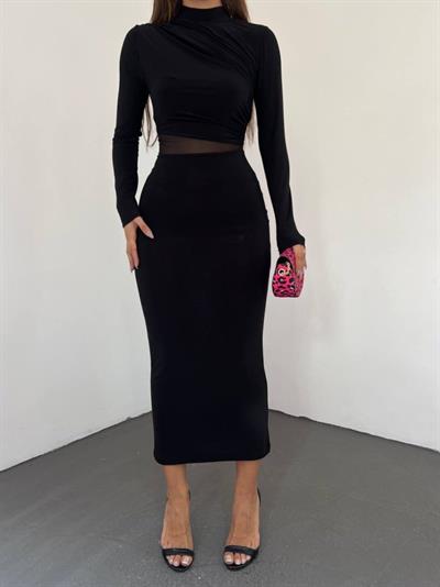 Kadın Sandy Kumaş Drabe Yaka Belinde Tül Detaylı Midi Boy Elbise