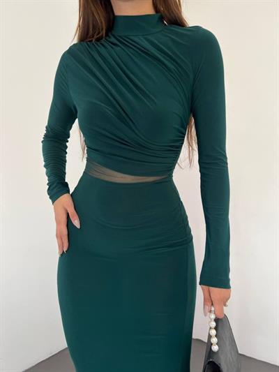 Kadın Sandy Kumaş Drabe Yaka Belinde Tül Detaylı Midi Boy Elbise