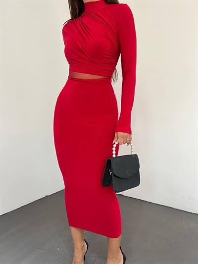 Kadın Sandy Kumaş Drabe Yaka Belinde Tül Detaylı Midi Boy Elbise