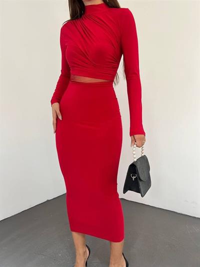 Kadın Sandy Kumaş Drabe Yaka Belinde Tül Detaylı Midi Boy Elbise