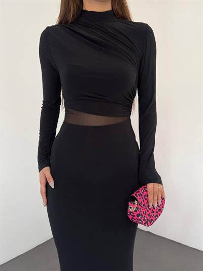 Kadın Sandy Kumaş Drabe Yaka Belinde Tül Detaylı Midi Boy Elbise