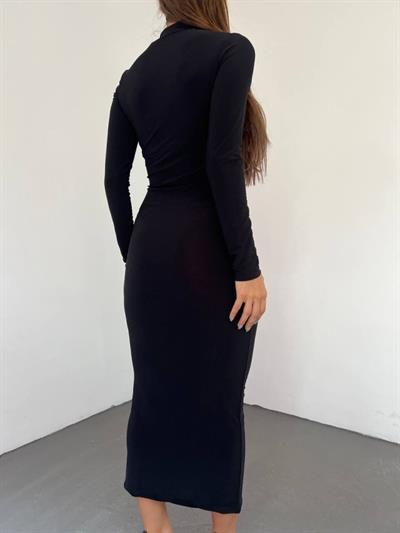 Kadın Sandy Kumaş Drabe Yaka Belinde Tül Detaylı Midi Boy Elbise