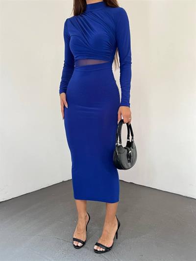 Kadın Sandy Kumaş Drabe Yaka Belinde Tül Detaylı Midi Boy Elbise