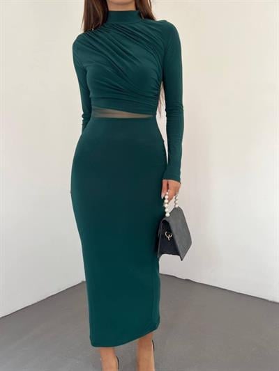 Kadın Sandy Kumaş Drabe Yaka Belinde Tül Detaylı Midi Boy Elbise