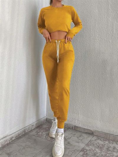 Kadın Sarı Bisiklet Yaka Iki Iplik üstü Krop Ikili Takım