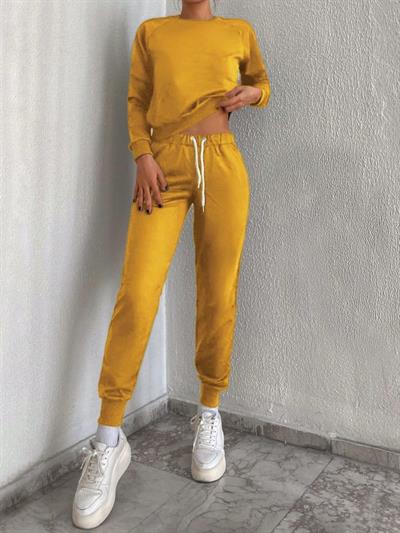 Kadın Sarı Bisiklet Yaka Iki Iplik üstü Krop Ikili Takım