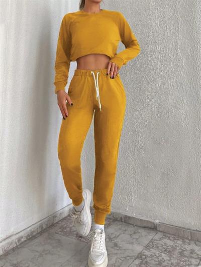 Kadın Sarı Bisiklet Yaka Iki Iplik üstü Krop Ikili Takım