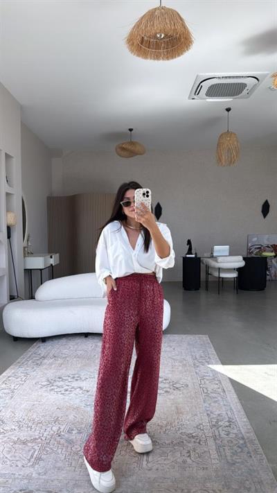 Kadın Saten Kumaş Leopar Desenli Pantolon